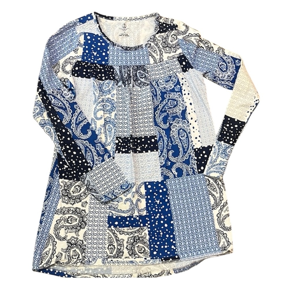 🟡Blue and White Long Sleeve Graphic Tunic. Size 14
